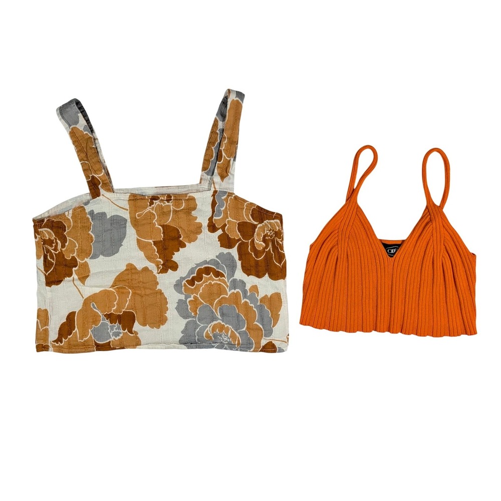 Amuse Society Cider Floral Ribbed Crop Top Bundle Orange Brown Boho Retro Sz S‎